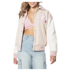 ❤️Juicy Couture Beige White Varsity Jacket Pink Logo Preppy Y2K Sz M NWT